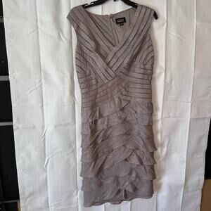 Adrianna Papell Tiered Sheath Dress Taupe V-Neck Ruched Size 10